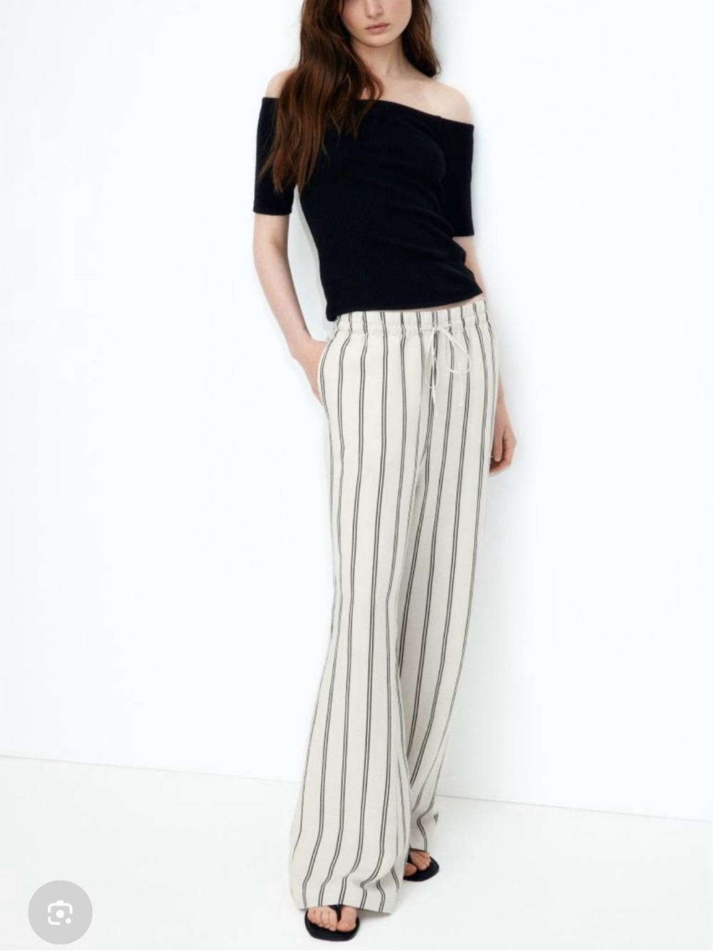 Cream Wide-Leg Linen Pants with Black Vertical Stripes